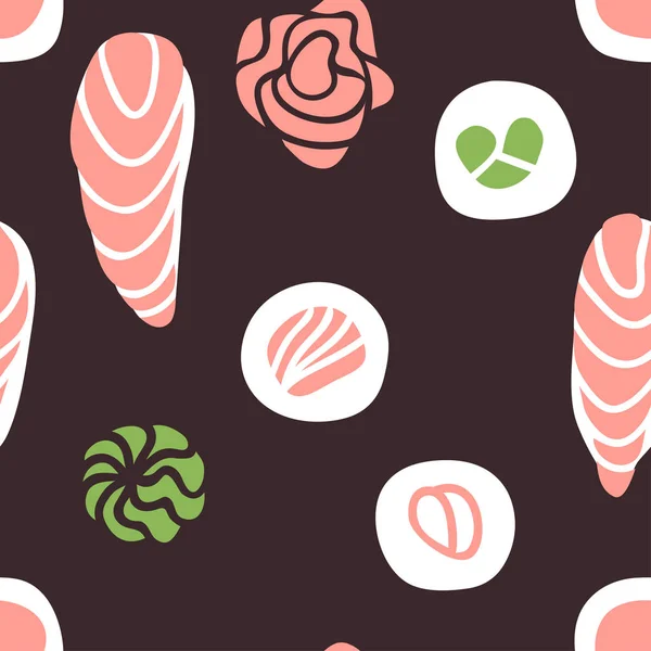 用海产食品手工绘制无缝图案 创意油墨艺术作品亚洲晚餐 实际画寿司卷 矢量说明 — 图库矢量图片