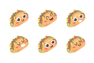 Fast food emojisi çizim seti. El yapımı duygusal yemek. Gerçek Vektör çizimi Amerikan mutfağı. Yaratıcı mürekkep işi Meksika tacoları.