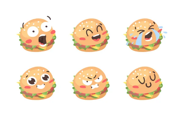 Cartoon Tekening Set Van Fast Food Emoji Hand Getekend Emotionele — Stockvector