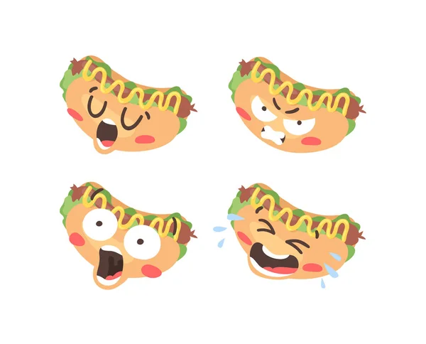 Dibujo Dibujos Animados Conjunto Emoji Comida Rápida Comida Emocional Dibujada — Vector de stock