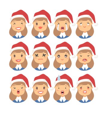 Noel şapkalı bir dizi duygusal beyaz karakter. Çizgi film tarzı duygu ikonu. Farklı yüz ifadeleri olan düz resimli kız avatarı. El çizimi vektör ifadeleri kadınların yüzleri