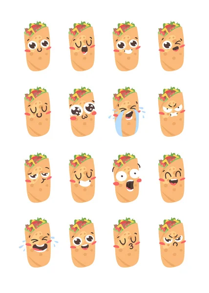 Dibujo Dibujos Animados Conjunto Emoji Comida Rápida Comida Emocional Dibujada — Vector de stock
