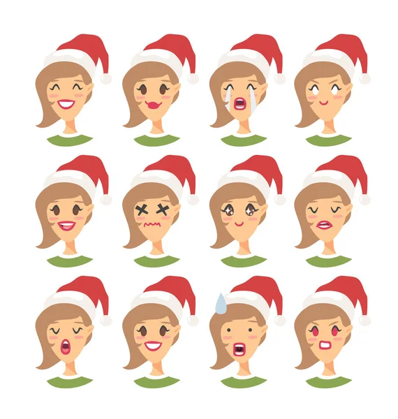 Conjunto Dibujo Emocional Personaje Caucásico Con Sombrero Navidad Icono Emoción — Vector de stock