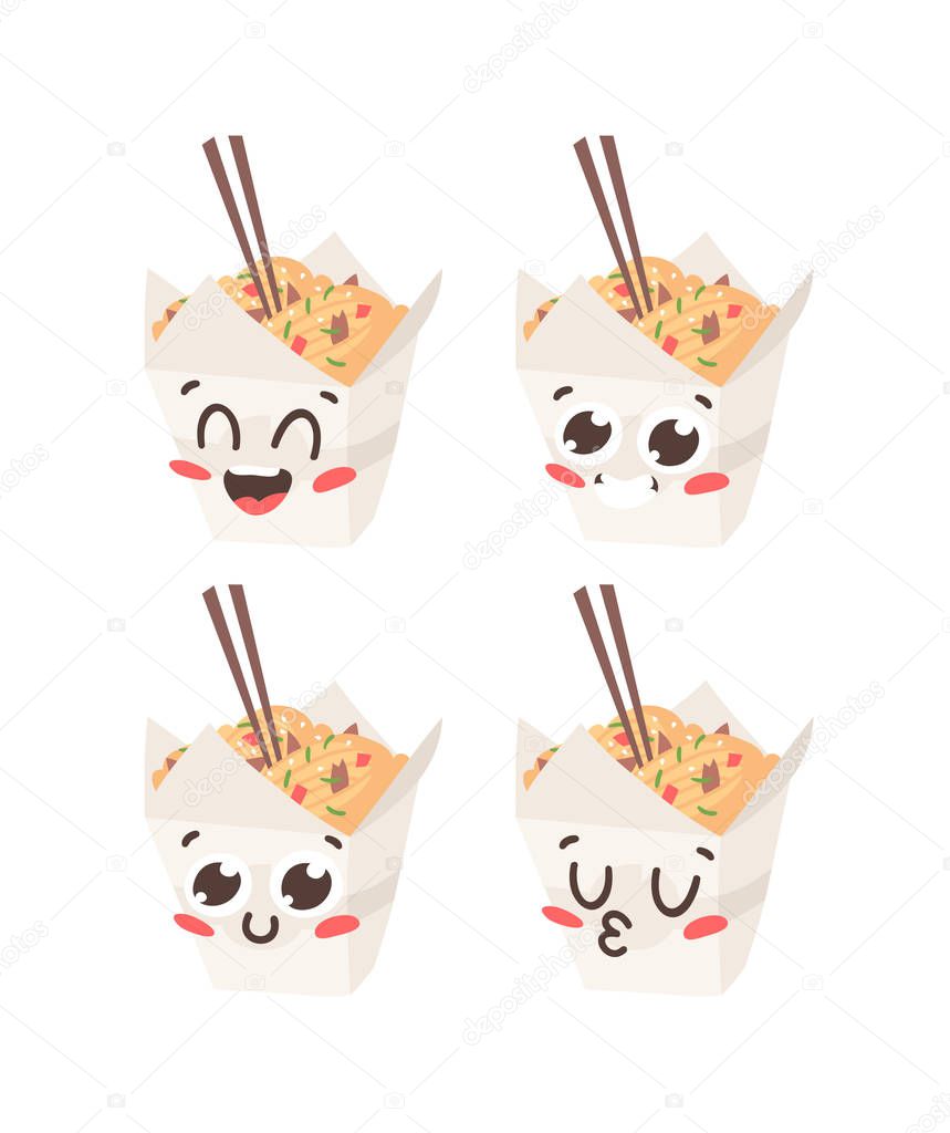 Cartoon drawing set of fast food emoji. Hand drawn emotional meal.Actual Vector illustration chinese cuisine. Creative ink art work chinese wok in box