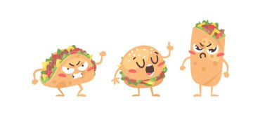 Fast food emojisi çizim seti. El yapımı duygusal yemek. Gerçek Vektör illüstrasyonu Meksika mutfağı. Yaratıcı mürekkep işleri burrito, burger ve taco.