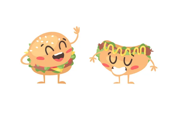 Set Disegni Cartoni Animati Emoji Fast Food Pasti Emotivi Disegnati — Vettoriale Stock