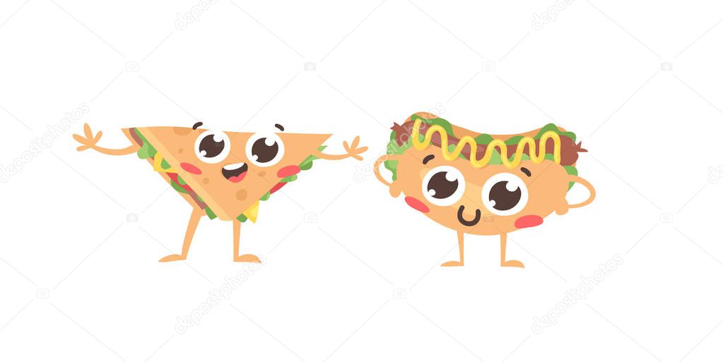 Cartoon drawing set of fast food emoji. Hand drawn emotional meal.Actual Vector illustration american cuisine. Creative ink art work sandwich and hot dog