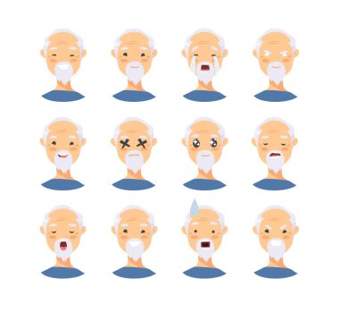 Set of asian male emotional characters. Cartoon style people emoticon icons. Holiday elderly  guys avatars. Flat illustration men faces. Hand drawn vector drawing emoji portraits