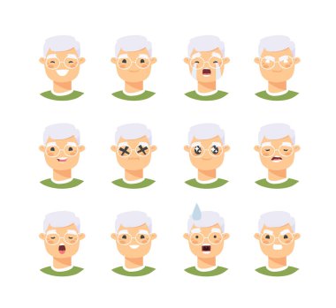 Set of asian male emotional characters. Cartoon style people emoticon icons. Holiday elderly  guys avatars. Flat illustration men faces. Hand drawn vector drawing emoji portraits