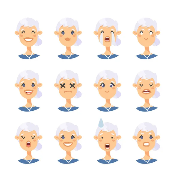 Set of caucasian female emotional characters. Cartoon style peop — Stock vektor