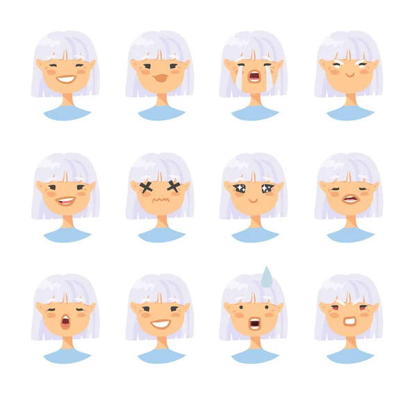 Sada asijských ženských emocionálních postav. Lidé v kresleném stylu e — Stockový vektor