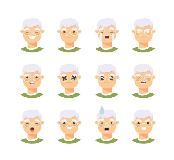 Conjunto Personajes Emocionales Masculinos Asiáticos Iconos Emoticones Gente Estilo Dibujos — Vector de stock