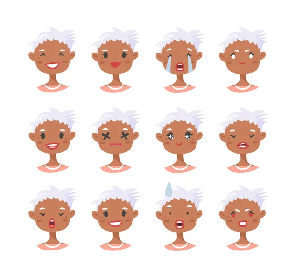 Afrikanisch Amerikanische Weibliche Emotionale Charaktere Cartoon Stil Menschen Emoticon Symbole — Stockvektor