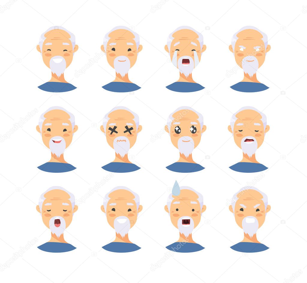 Set of asian male emotional characters. Cartoon style people emoticon icons. Holiday elderly  guys avatars. Flat illustration men faces. Hand drawn vector drawing emoji portraits