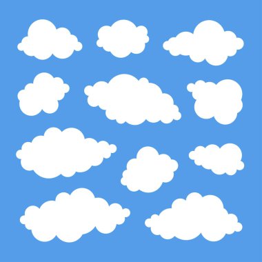 Mavi arka planda düz şekilli komik bulutlar. El çizimi karikatür gökyüzü. Yaratıcı sanat eserleri. Gerçek vektör hava durumu çizimi