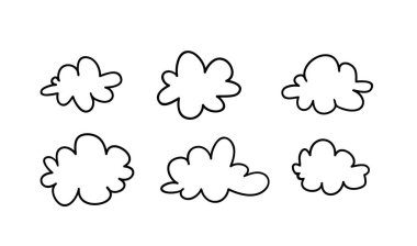 Mavi arka planda sanat tarzında bir dizi komik bulut. El çizimi karikatür gökyüzü. Yaratıcı çalışma. Gerçek vektör hava durumu çizimi