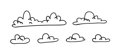 Mavi arka planda sanat tarzında bir dizi komik bulut. El çizimi karikatür gökyüzü. Yaratıcı çalışma. Gerçek vektör hava durumu çizimi