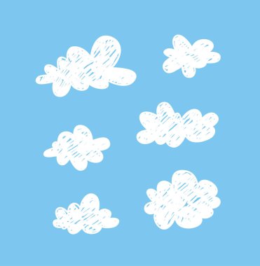 Set of funny clouds in doodle style on blue background. Hand drawn illustration cartoon sky. Creative art work. Actual vector weather drawing clipart