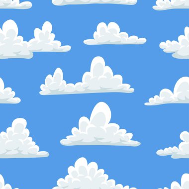 Mavi arka planda çizgi film tarzında komik bulutlu kusursuz desen. El çizimi gökyüzü. Yaratıcı sanat eserleri. Gerçek vektör hava durumu çizimi