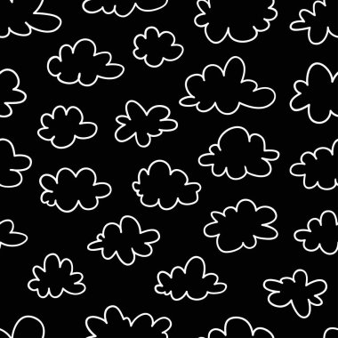 Siyah arkaplanda karalama tarzında komik bulutlar olan kusursuz bir desen. El çizimi karikatür gökyüzü. Yaratıcı sanat eserleri. Gerçek vektör hava durumu çizimi