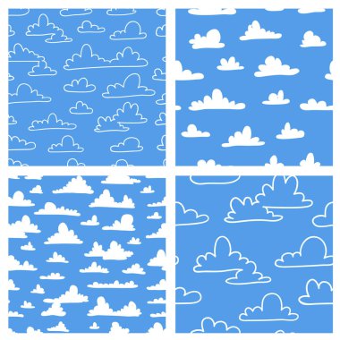 Mavi arka planda çizgi film tarzında komik bulutlu, pürüzsüz desenler. El çizimi gökyüzü. Yaratıcı sanat eserleri. Gerçek vektör hava durumu çizimi