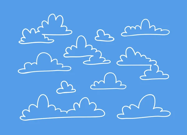 Conjunto Nuvens Engraçadas Estilo Arte Linha Fundo Azul Desenho Mão —  Vetores de Stock