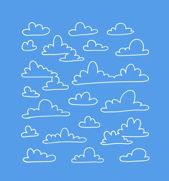 青い背景にラインアートスタイルで面白い雲のセット 手描きイラスト漫画の空 創作活動 実際のベクトル天気図 — ストックベクタ