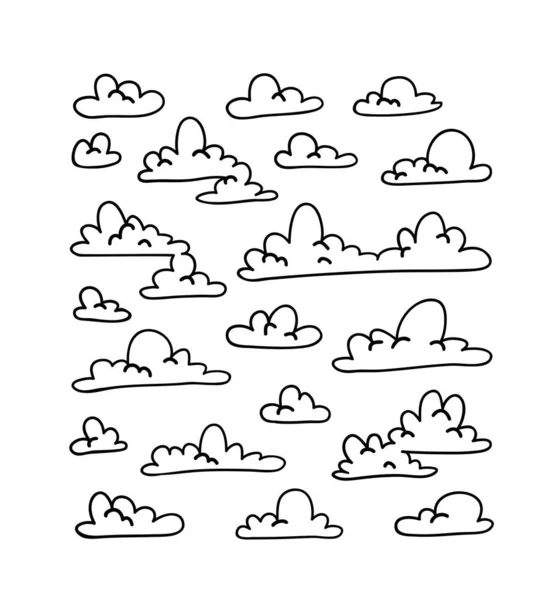 Set Funny Clouds Line Art Style Blue Background Hand Drawn — Stock Vector