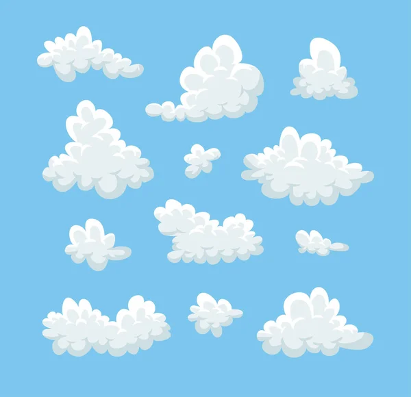 Conjunto Nuvens Engraçadas Estilo Plano Sobre Fundo Azul Desenho Mão —  Vetores de Stock