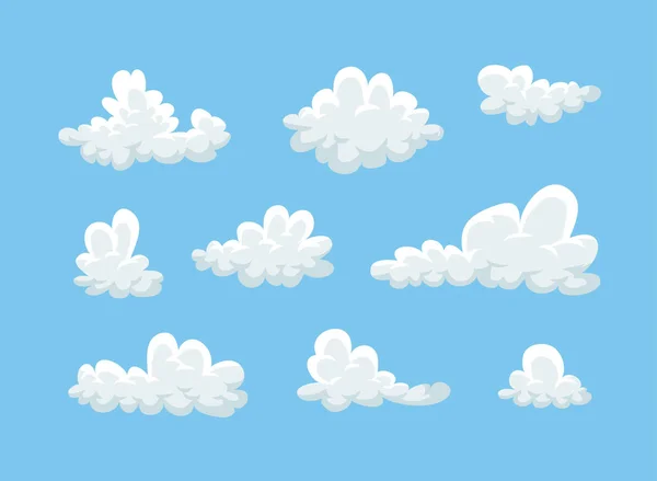 青い背景に平らなスタイルで面白い雲のセット 手描きイラスト漫画の空 創造的な芸術作品 実際のベクトル天気図 — ストックベクタ