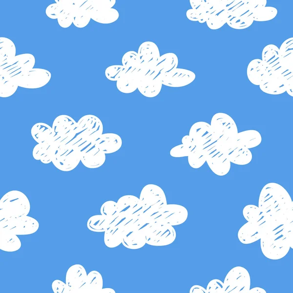 Seamless pattern with funny clouds in doodle style on blue background. Hand drawn illustration cartoon sky. Creative art work. Actual vector weather drawing