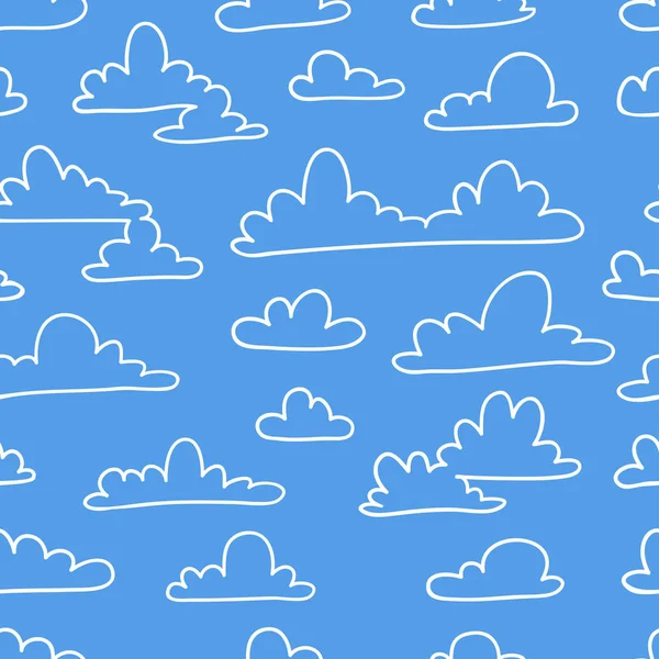 青い背景にドアスタイルで面白い雲とシームレスなパターン 手描きイラスト漫画の空 創造的な芸術作品 実際のベクトル天気図 — ストックベクタ