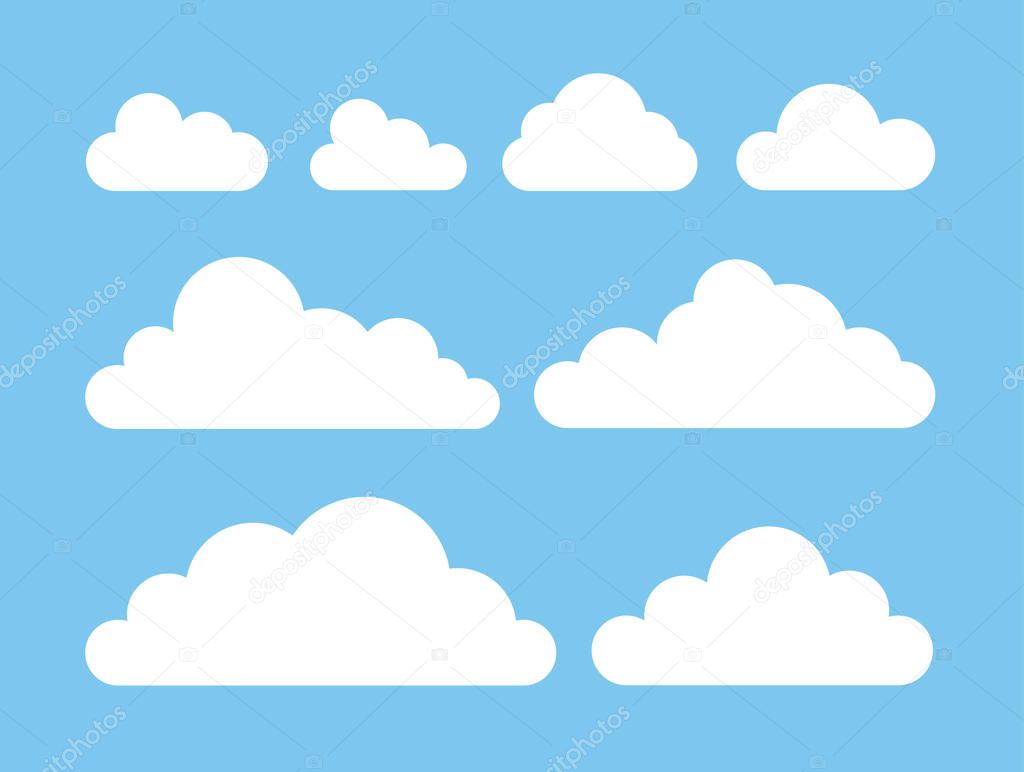 Set of funny clouds in flat style on blue background. Hand drawn illustration cartoon sky. Creative art work. Actual vector weather drawing