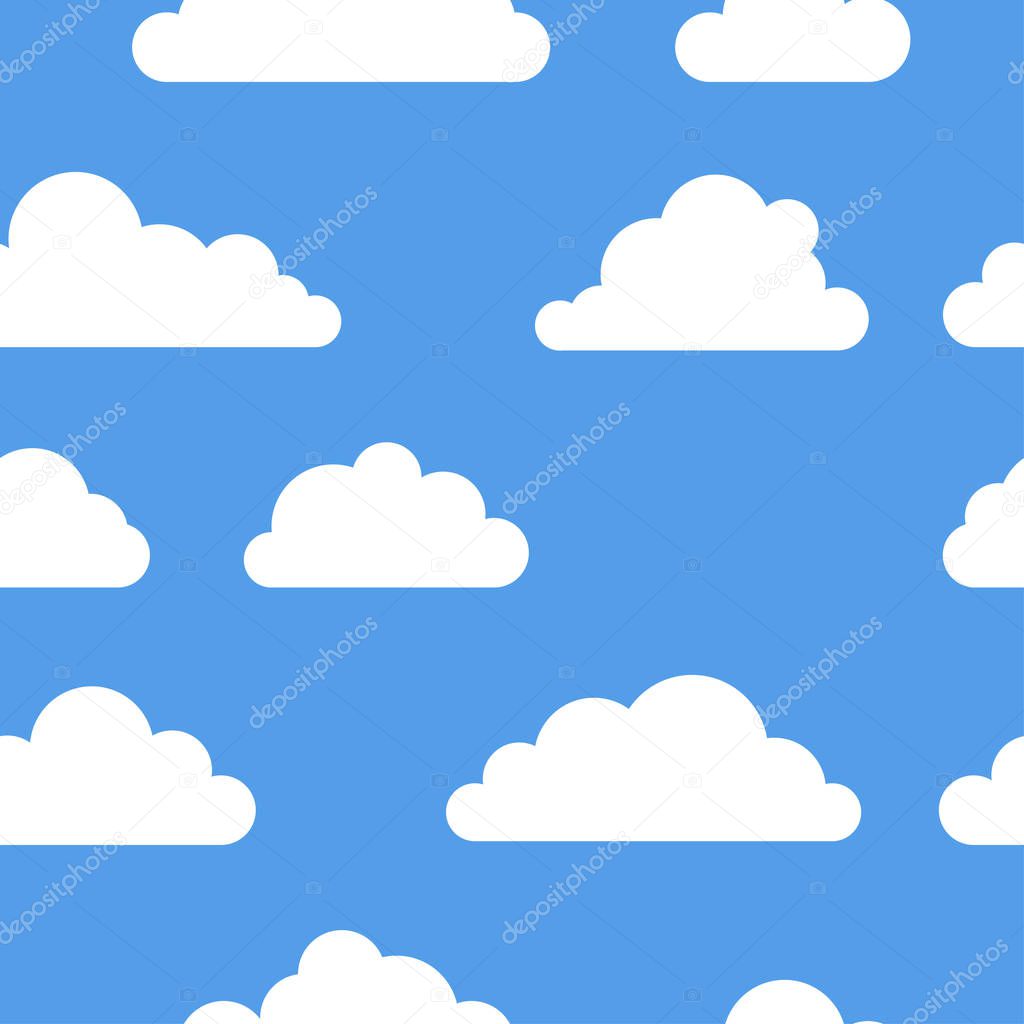 Seamless pattern with funny clouds in cartoon style on blue background. Hand drawn illustration  sky. Creative art work. Actual vector weather drawing