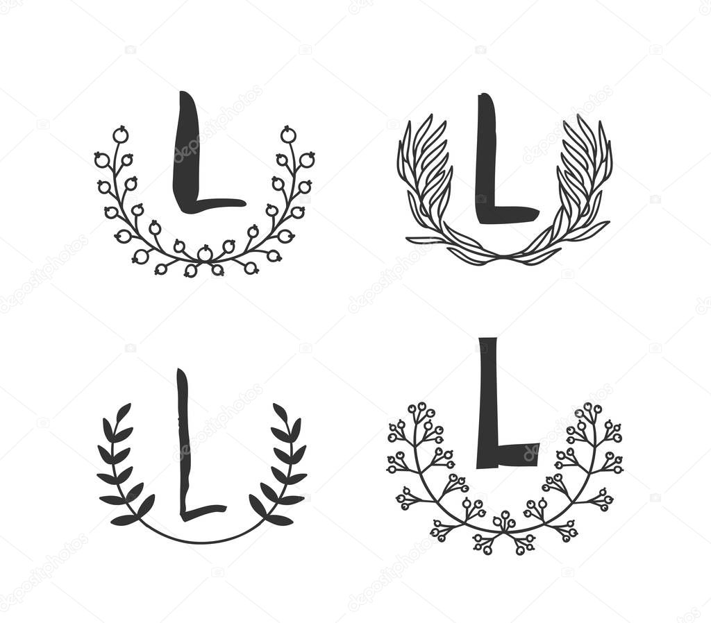 Hand drawn set of monogram objects for design use. Black Vector doodle flower on white background and Capital Letter L.  Abstract pencil boho drawing twig. Artistic illustration elements plant