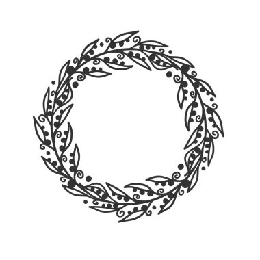 Tasarım için elle çizilmiş çelenk. Beyaz arka planda siyah vektör karalama çiçekleri. Soyut kalem boho dal çemberi çiziyor. Sanatsal çizim elementleri bitki ve çiçek açar