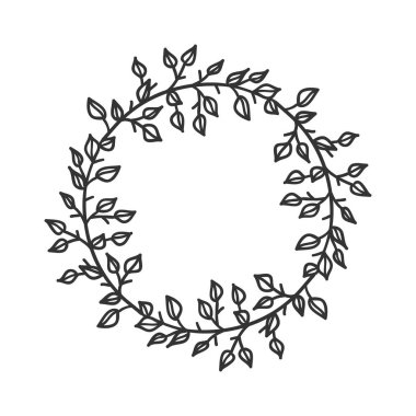 Tasarım için elle çizilmiş çelenk. Beyaz arka planda siyah vektör karalama çiçekleri. Soyut kalem boho dal çemberi çiziyor. Sanatsal çizim elementleri bitki ve çiçek açar