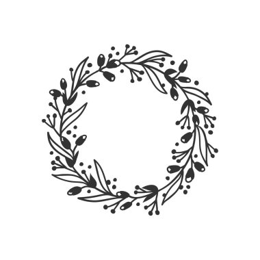 Tasarım için elle çizilmiş çelenk. Beyaz arka planda siyah vektör karalama çiçekleri. Soyut kalem boho dal çemberi çiziyor. Sanatsal çizim elementleri bitki ve çiçek açar