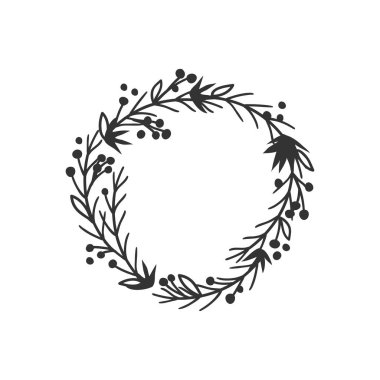 Tasarım için elle çizilmiş çelenk. Beyaz arka planda siyah vektör karalama çiçekleri. Soyut kalem boho dal çemberi çiziyor. Sanatsal çizim elementleri bitki ve çiçek açar