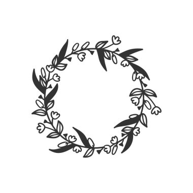 Tasarım için elle çizilmiş çelenk. Beyaz arka planda siyah vektör karalama çiçekleri. Soyut kalem boho dal çemberi çiziyor. Sanatsal çizim elementleri bitki ve çiçek açar