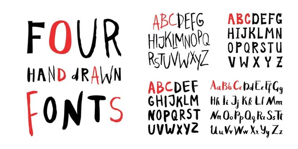 Quatre Alphabets Féminins Polices Encre Faites Main Lettres Dessinées Main — Image vectorielle