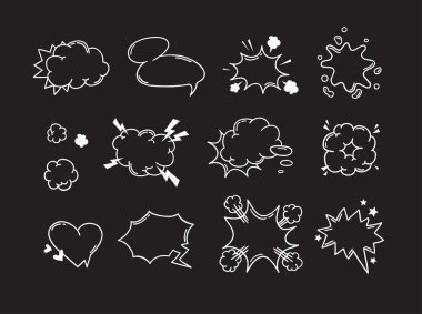 El çizimi konuşma balonu patlaması. Pop sanat tasarımı nesnesi. Diyalog için çizgi roman karalama ögesi. Çizgi film biçimi vektör koleksiyonu