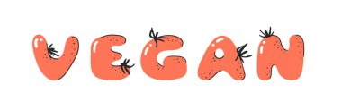 Çizgi film vektör çizimi domatesler ABC. Vejetaryen yemeği ve VEGAN sözcüğüyle el yapımı yazı tipi. Gerçek yaratıcı sanat vejetaryen alfabesi 