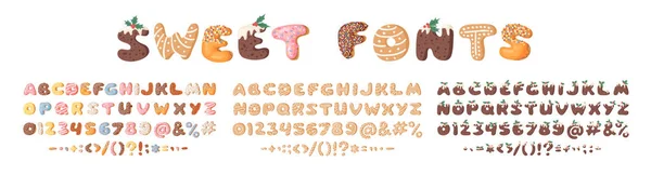 Three cartoon vector illustrations donuts, Christmas Dudding and Gingerbread Cookies. Hand drawn font with sweets. Actual Creative art bake alphabet 