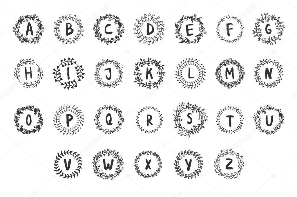 Hand drawn monogram object for design use. Black Vector doodle flower on white background and Capital Letter. Abstract pencil boho drawing twig. Artistic illustration elements plant