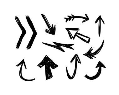 Tasarım için el çizimi nesne kümesi. Beyaz arka planda siyah karalama okları. Soyut kalem çizimi. Vektör sanatı illüstrasyonu