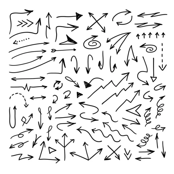 Set Oggetti Disegnati Mano Uso Progettuale Frecce Nere Scarabocchiare Sfondo — Vettoriale Stock