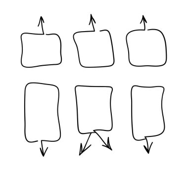Tasarım için el çizimi nesne kümesi. Siyah karalama dikdörtgen çerçeve ve beyaz arka planda oklar. Soyut kalem çizimi. Vektör sanatı illüstrasyonu