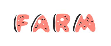 Çizgi film vektör illüstrasyon meyve yazı tipi. El çizimi vejetaryen yemeği. Gerçek yaratıcı vegan sanat eserleri. Karpuz ve Kelime Çiftliği