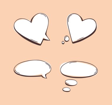 El çizimi kalp konuşma baloncukları. Vector pop sanat romantik nesneleri. Pencere için karalama ögeleri